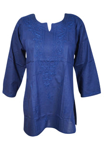 Navy Blue Coastal Charm – Hand-Embroidered Boho Cotton Short Kurti L