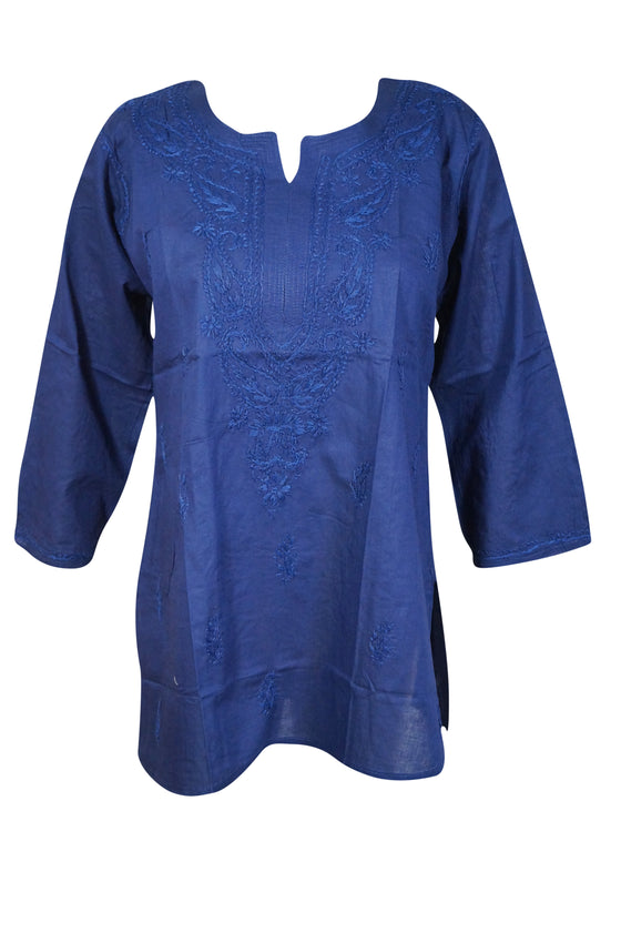 Navy Blue Coastal Charm – Hand-Embroidered Boho Cotton Short Kurti L