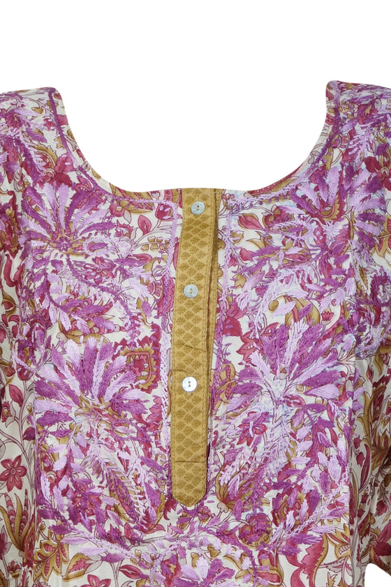 Boho Silk Beauty – Hand-Embroidered Pink Floral Short Kurti 2XL