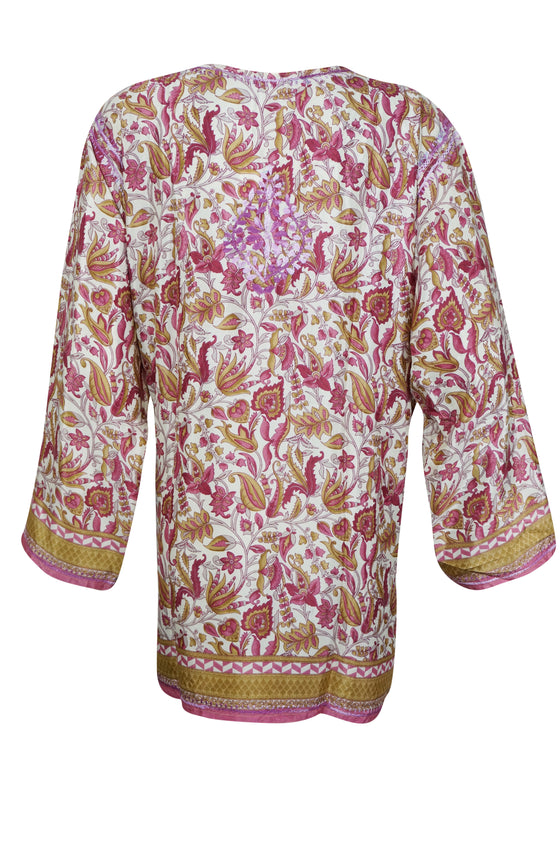 Boho Silk Beauty – Hand-Embroidered Pink Floral Short Kurti 2XL