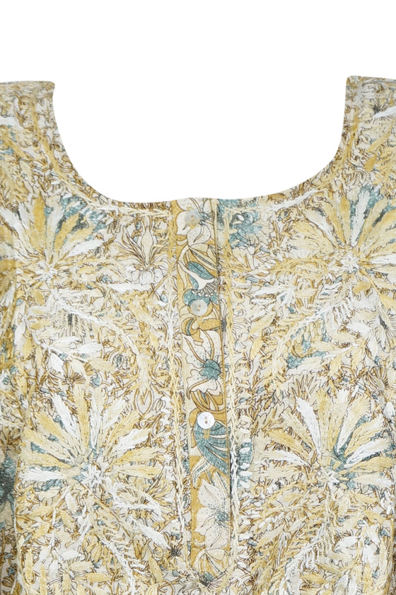Boho Silk Elegance – Hand-Embroidered Beige Floral Short Kurti 2XL