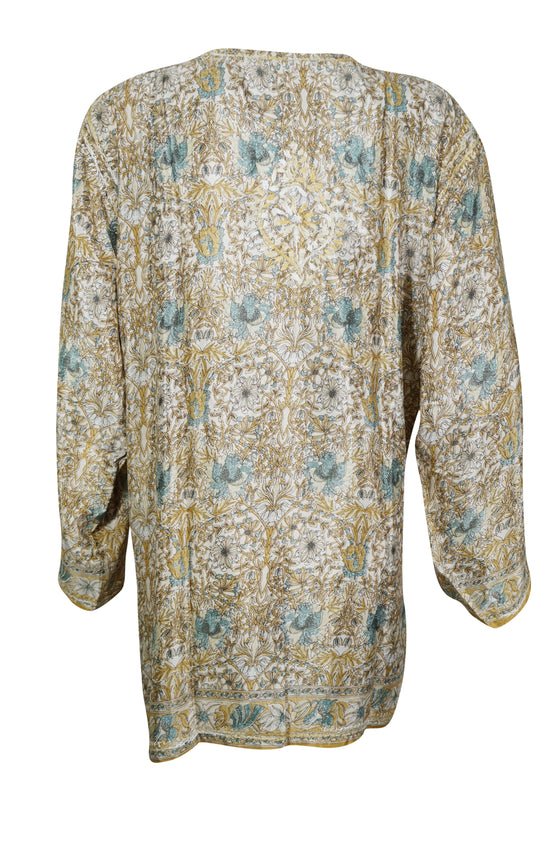 Boho Silk Elegance – Hand-Embroidered Beige Floral Short Kurti 2XL
