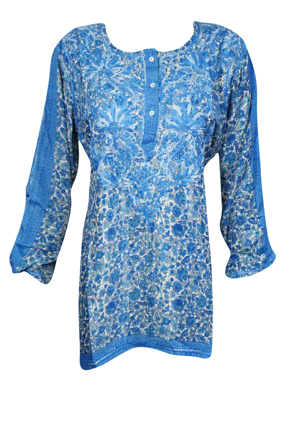 Sea Blue Coastal Charm – Hand-Embroidered Boho Cotton Short Tunic L