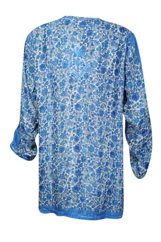 Sea Blue Coastal Charm – Hand-Embroidered Boho Cotton Short Tunic L