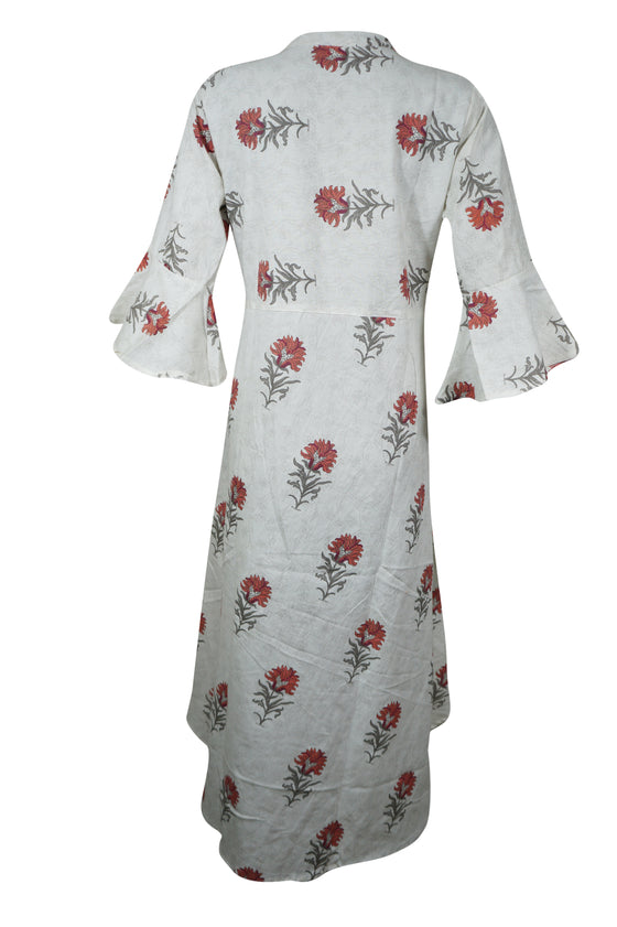 Off-White Boho Maxi Dress– Floral Cotton Printed Beach Cover Up Summer Days M