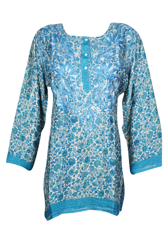 Sky Blue Coastal Charm – Hand-Embroidered Boho Cotton Short Tunic L
