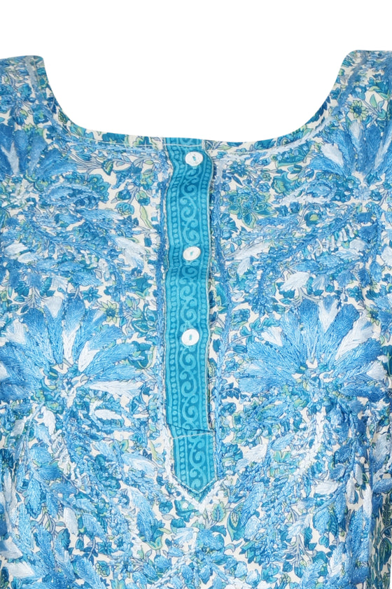 Sky Blue Coastal Tunic – Hand-Embroidered Boho Silk Short Tunic L