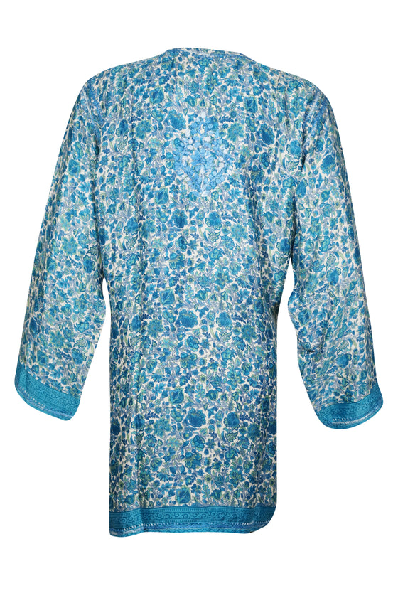 Sky Blue Coastal Tunic – Hand-Embroidered Boho Silk Short Tunic L