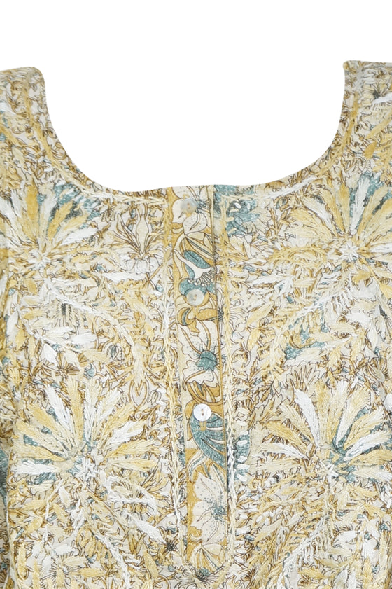 Boho Silk Elegance – Hand-Embroidered Beige Floral Short Tunic Kurti XXL