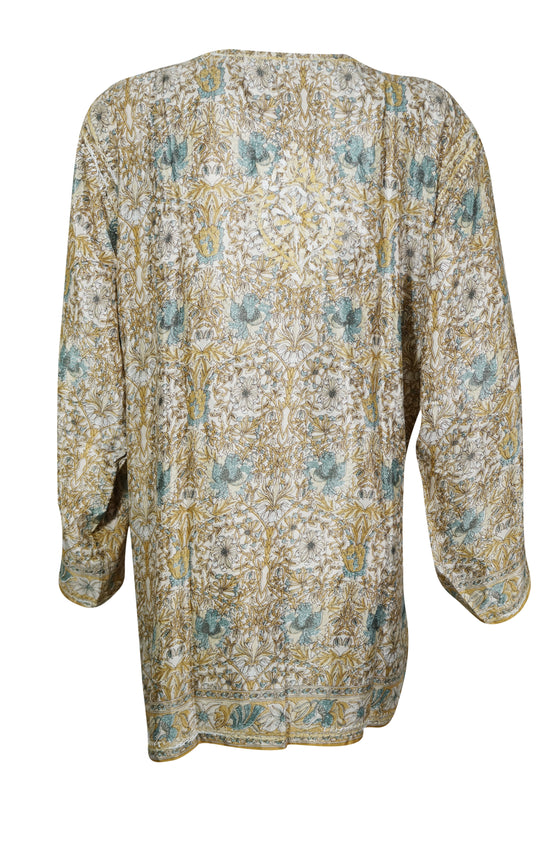 Boho Silk Elegance – Hand-Embroidered Beige Floral Short Tunic Kurti XXL