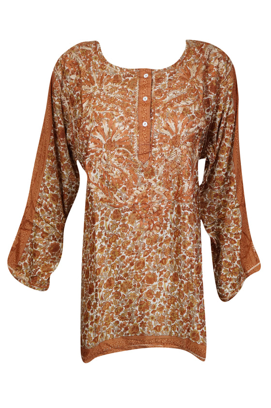 Golden Sunset – Hand-Embroidered Orange Silk Kurti Beach Cover-Up XL