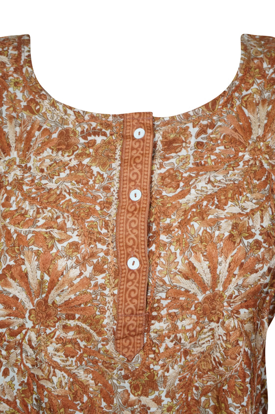 Golden Sunset – Hand-Embroidered Orange Silk Kurti Beach Cover-Up XL