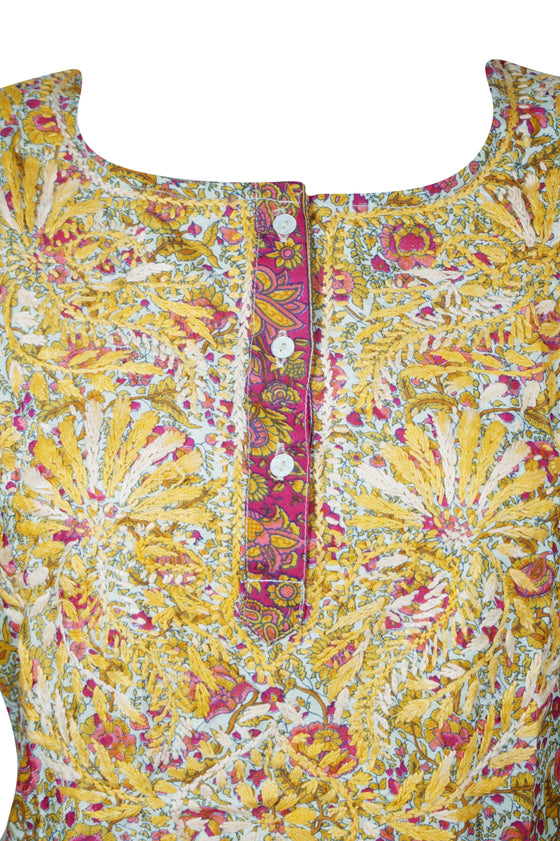 Red and Yellow Embroidered Silk Tunic Boho-Chic Summer Style Beach Cover-Up M