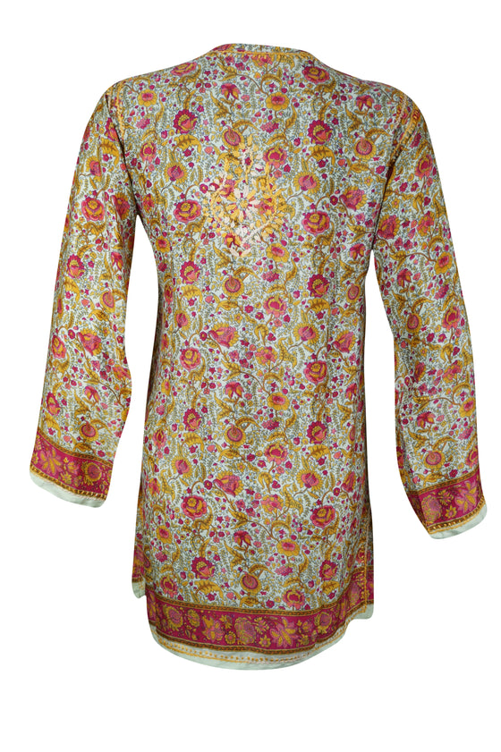 Red and Yellow Embroidered Silk Tunic Boho-Chic Summer Style Beach Cover-Up M