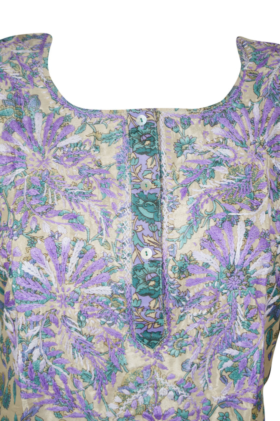 Light Purple and Green Hand-Embroidered Silk Beach Kurti Tunic M