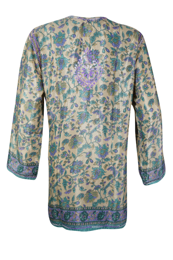 Light Purple and Green Hand-Embroidered Silk Beach Kurti Tunic M