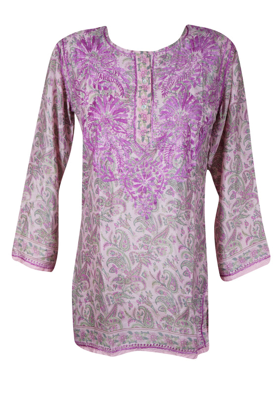 Lavender Glow – Hand-Embroidered Light Purple Silk Kurti Beach Cover-Up  2XL