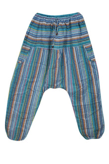  Harem Hippie Pant, Sky Blue Cotton Baggy Handmade Stripe Print Pants, S/M/L