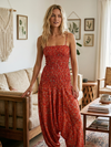 Red Floral Tube Dress, Boho Beachwear Jumpsuit, Strapless Summer Wear S/M