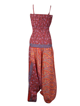 Womens Silk Jumpsuits, Red Onepiece Jumper Dress S/M