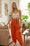 Orange Harem Pants, Flowy Smock Waist Aladdin Trousers, Women's Sari Pants S/M/L