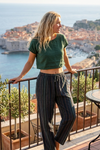 Women's Green Striped Stonewashed Harem Pants | Boho High-Waist Trousers S/M