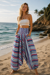 Aladdin Pants Blue Red Stripe – Boho Baggy High-Waist Cotton Genie Pants Unisex S/M/L