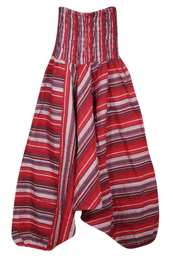 Red Stripe Print Pant, Boho Hippie Aladdin Pant, Smock Waist Hippie Pants S/M/L