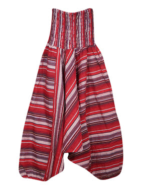 Red Stripe Print Pant, Boho Hippie Aladdin Pant, Smock Waist Hippie Pants S/M/L