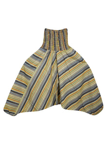  Multi Yellow Stripe Print Pant, Boho Hippie Aladdin Pant, Smock Waist Hippie Pants S/M/L