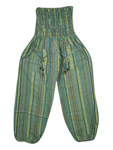  Hippie Harem Pants, Green Stripe Print Hippie Baggy Yoga Pants S/M/L