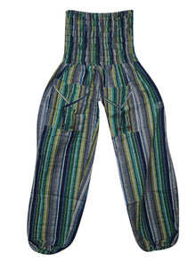  Boho Hippie Pants, Hippie Cotton Green Blue Harem Pants, Handmade Stripe Pants S/M/L