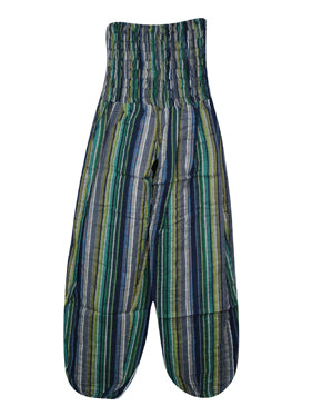 Boho Hippie Pants, Hippie Cotton Green Blue Harem Pants, Handmade Stripe Pants S/M/L