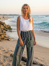 Women's Green Stripe Cotton Boho Pants | High Waist Relaxed Fit Baggy Lounge S/M/L