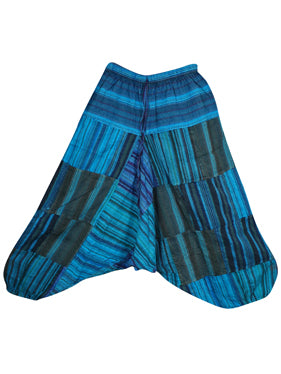 Hippie Pants, Blue Stripe Patches Boho Pants, Trousers, Stonewashed Cotton Travel Pant S/M/L