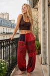 Rose Red Boho Harem Pants | Floral Patchwork Stripe Cotton Hippie Trousers S/M