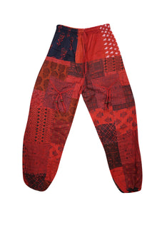  Boho Harem Pants Rose Red Floral Patchwork Stripe Hippie Cotton Pants S/M