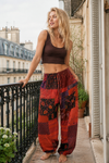 Women's Venetian Red Patchwork Harem Pants – Floral Striped Boho Hippie Cotton Trousers S/M