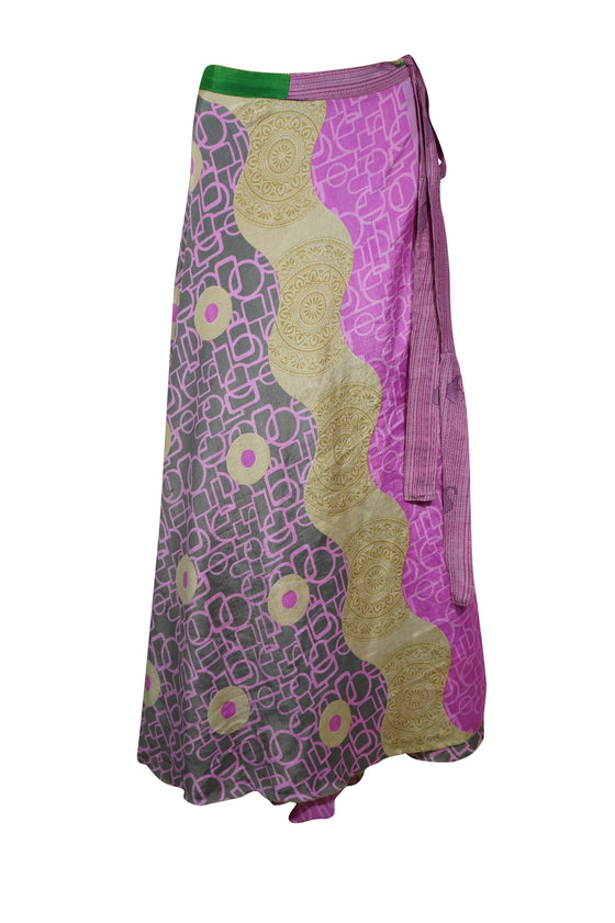 Womens Sari Wrap Skirt, 2 Layer Skirts, Purple Floral Printed Maxi Skirt One size