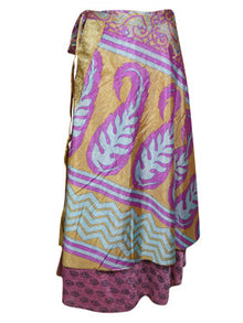  Womens Sari Wrap Skirt, 2 Layer Skirts, Purple Paisley Printed Maxi Skirt One size