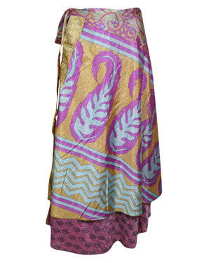 Womens Sari Wrap Skirt, 2 Layer Skirts, Purple Paisley Printed Maxi Skirt One size