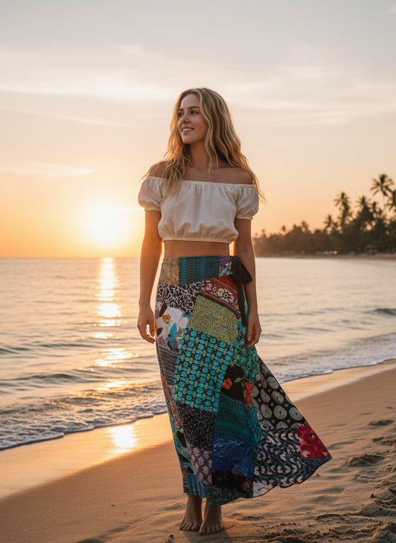 Women's Blue & Green Patchwork Boho Short Skirt – Flowy Summer Festival Mini Skirt One Size