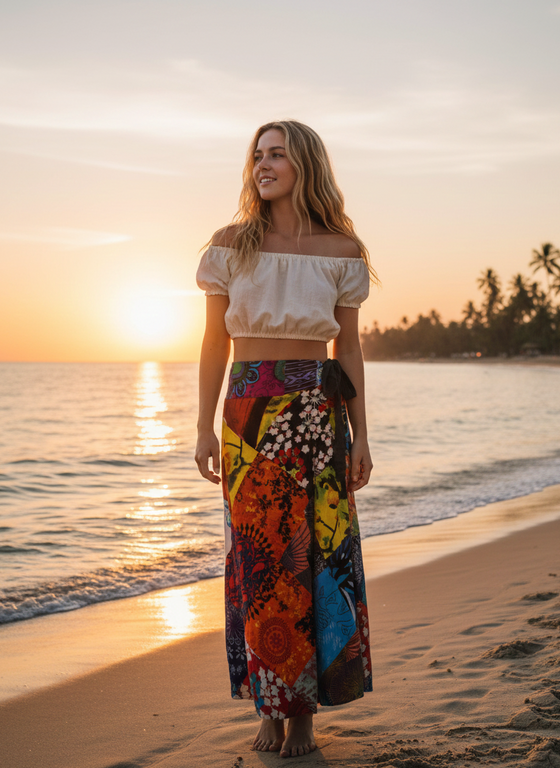 Women's Blue & Orange Patchwork Wrap Skirt – Boho Cotton Tie Waist Summer Fashion One Size