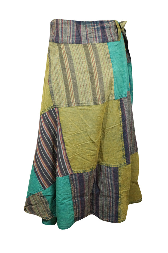 Wrap Around Skirts Cotton Olive Green Patchwork Midi Skirts XL
