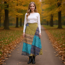  Wrap Around Skirts Cotton Beige Blue Patchwork Midi Skirts One size