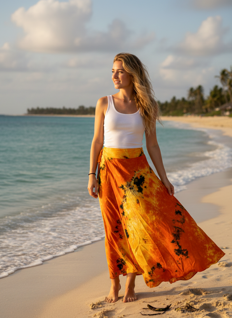  Women’s Maxi Wrap Skirt – Orange Hand-Dyed Boho Beach Summer Wraparound Skirt  One size