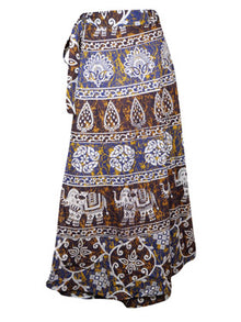  Womens Cotton Wrap Skirt, Blue Purple Printed Summer Maxi Skirts One Size