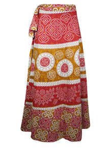  Woman Hippie Wrap Skirt, Red Yellow Cotton Wrap Around Maxi Skirts One Size