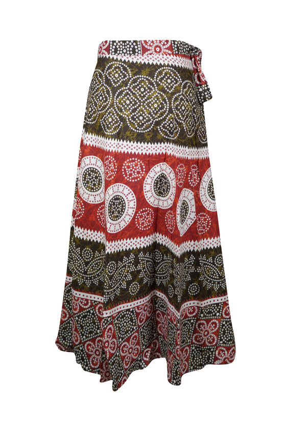 Womens Wrap Maxi Skirt, Red Circles Indi Boho A-Line Wraparound Skirts Onesize