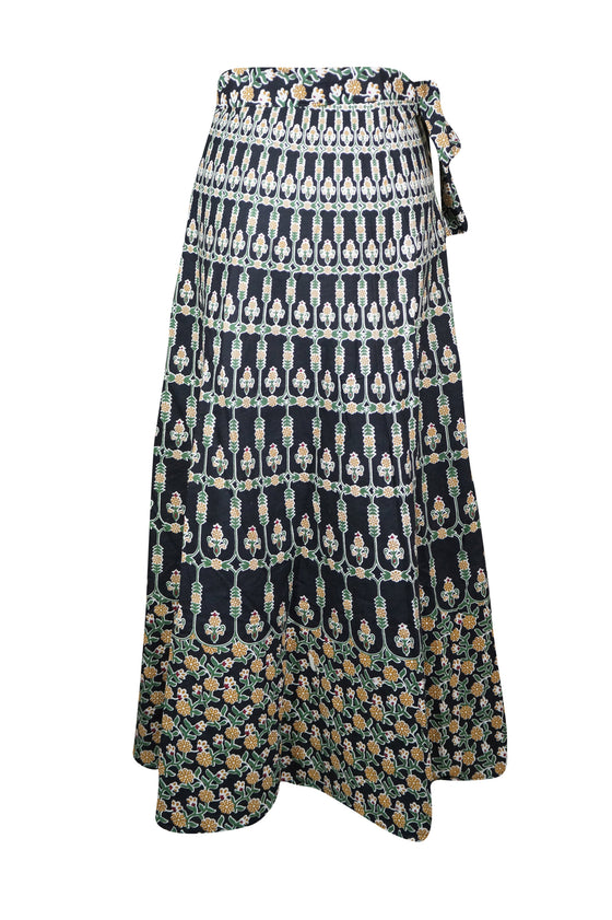 Womens Black Floral Maxi Skirt, Cotton Beach Gypsy Boho Flare Skirts One size